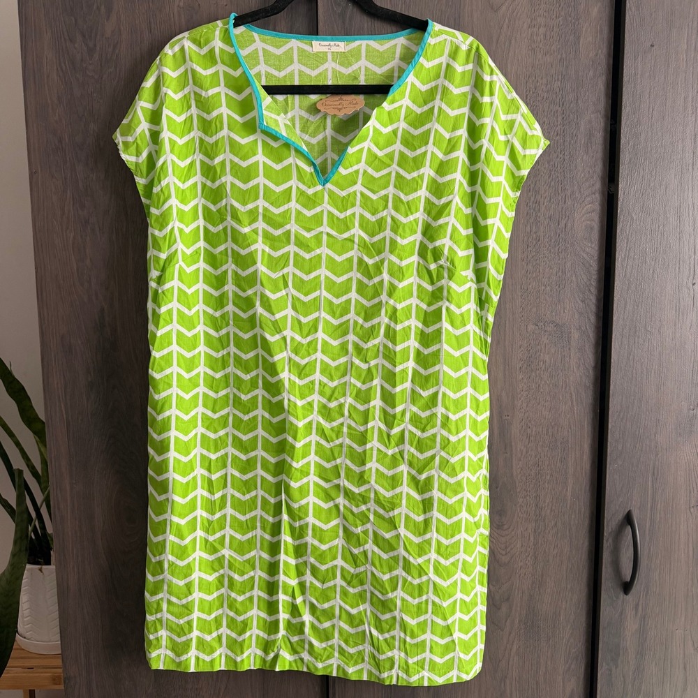 Occasionally Made Tunic Dress Women LG Green Chevron V-Neck Shift Mini